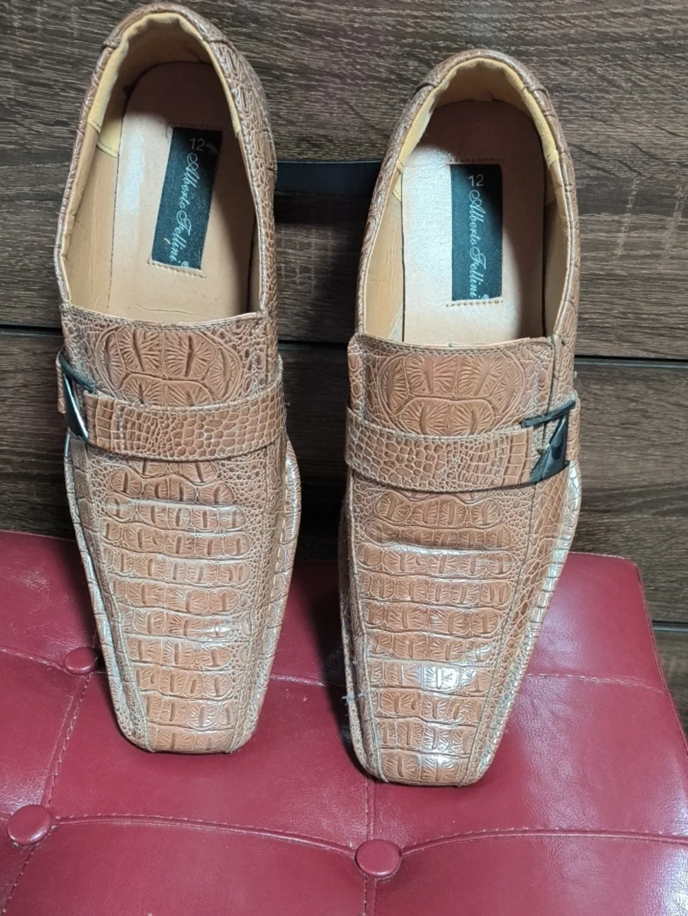 Alberto Fermani Tan Croc-Embossed Slip-On Loafers with Buckle